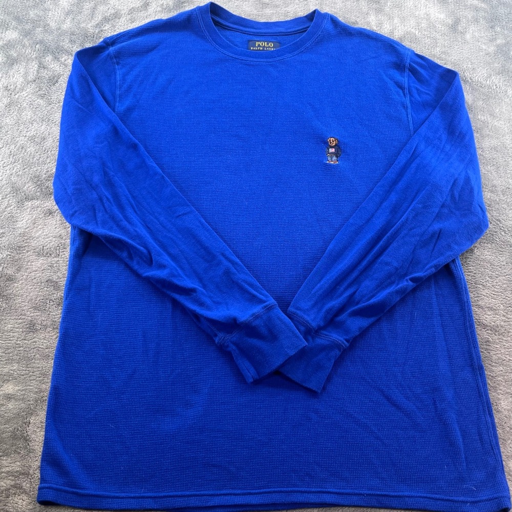 Polo Ralph Lauren Mens Royal Blue Waffle Knit Polo Bear Thermal Shirt XL
